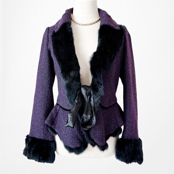 Vintage Y2K Purple Tweed Faux Fur Lined Peplum Blazer Jacket Coat Size S - Picture 3 of 6